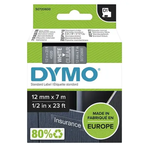 Dymo taśma do drukarek etykiet, D1 45021 przezroczysta/biały nadruk 7m/12mm